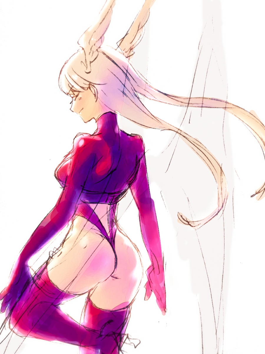 1girl angel_wings ass boots breasts closed_mouth final_fantasy final_fantasy_tactics gloves grey_hair head_wings highleg highleg_leotard highres leotard long_hair miyama_(lacrima01) red_leotard red_thighhighs smile solo thigh_boots thighhighs ultima_(fft) white_hair wings