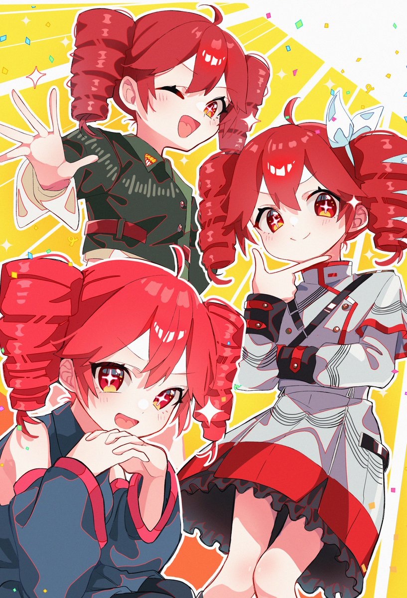 +_+ 3girls ahoge black_shirt black_sleeve_cuffs black_sleeves bow collared_shirt detached_sleeves double-parted_bangs drill_hair feet_out_of_frame grey_jacket grey_skirt hair_between_eyes hair_bow hair_ribbon hand_up highres interlocked_fingers jacket kasane_teto kasane_teto_(sv) kasane_teto_(utau) kasane_teto_(voicepeak) l_hand layered_skirt layered_sleeves long_sleeves looking_at_viewer multiple_girls multiple_persona musical_staff musical_staff_print one_eye_closed open_mouth own_hands_together red_hair red_skirt red_trim ribbon shigure_(rinky_creater) shirt skirt skirt_set sleeveless sleeveless_shirt smile sound_wave standing striped_clothes striped_jacket striped_skirt synthesizer_v twin_drills utau voicepeak white_background white_bow white_ribbon wing_collar yellow_background