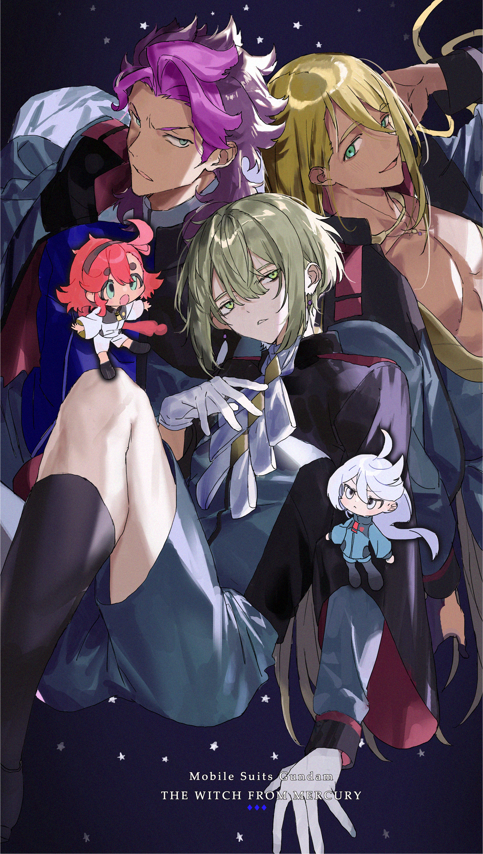 2girls 3boys ahoge ascot black_shoes black_socks blonde_hair blue_jacket blue_shorts blush cape chibi collarbone commentary_request copyright_name dark-skinned_female dark-skinned_male dark_skin earrings elan_ceres full_body gloves green_eyes green_hair grey_eyes guel_jeturk gundam gundam_suisei_no_majo hair_between_eyes hairband half-closed_eyes highres jacket jewelry long_hair looking_at_viewer male_focus medium_hair miorine_rembran multicolored_hair multiple_boys multiple_girls nana_tetra open_mouth parted_lips pectorals purple_hair red_hair shaddiq_zenelli shoes shorts sidelocks smile socks suletta_mercury teeth two-tone_hair upper_body white_ascot white_gloves white_hair white_jacket white_shorts wide_sleeves