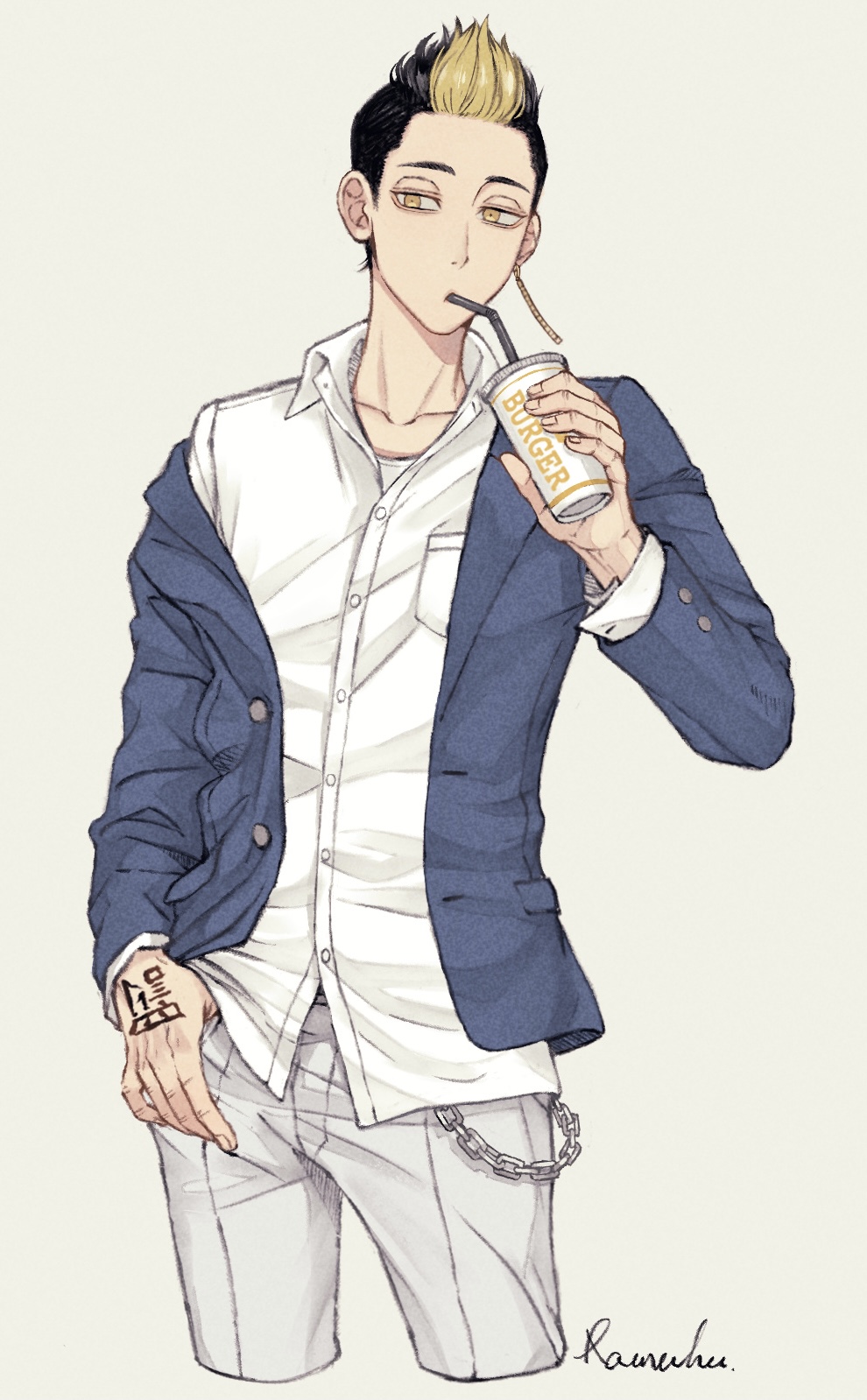 1boy artist_name belly_chain black_hair blonde_hair blue_jacket breast_pocket buttons chain closed_mouth collarbone collared_shirt commentary_request cowboy_shot cropped_legs cup disposable_cup drinking_straw drinking_straw_in_mouth earrings hand_tattoo hand_up hanma_shuuji highres holding holding_cup jacket jewelry long_sleeves looking_at_viewer male_focus multicolored_hair off_shoulder open_clothes open_jacket pants pocket ramfu shirt short_hair signature simple_background single_earring solo spiked_hair tattoo thumb_in_pocket tokyo_revengers two-tone_hair undercut white_background white_pants white_shirt wing_collar yellow_eyes