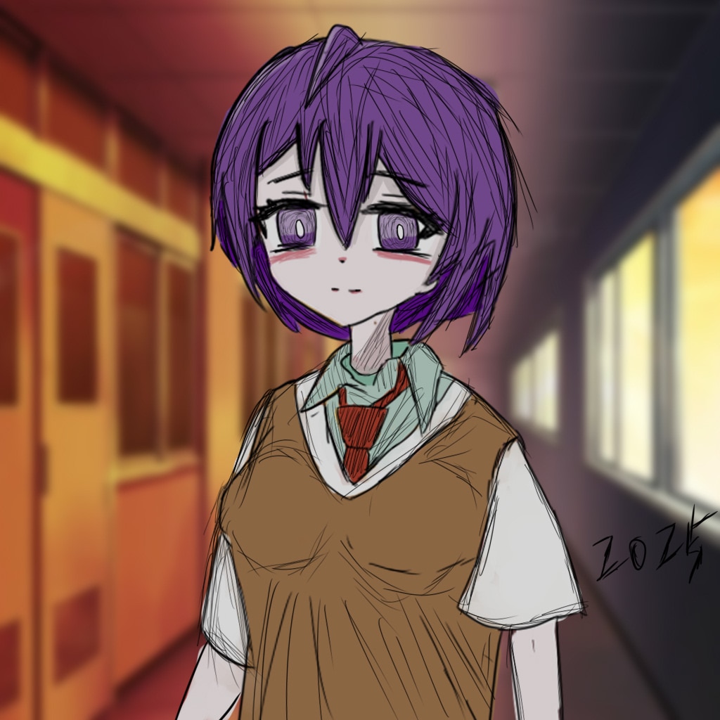 1girl breasts brown_vest check_commentary commentary_request cosplay dated fate/stay_night fate_(series) hallway homurabara_academy_school_uniform kinoshita_xia looking_at_viewer martyr_(the_citadel) matou_sakura matou_sakura_(cosplay) neck_ribbon print_ribbon purple_eyes purple_hair raglan_sleeves ribbon school school_uniform short_hair solo vest