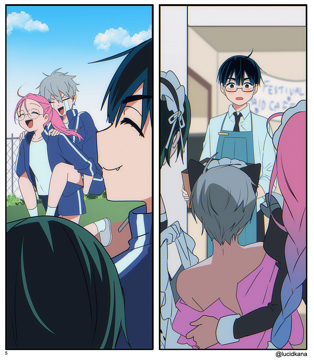 2boys 2girls alien_stage animal_ears apron artist_name black_hair black_necktie blue_apron blue_hair blue_jacket blue_shorts braid carrying cat_ears closed_eyes cloud collared_shirt commentary crying dress english_commentary fake_animal_ears glasses grey_hair highres ivan_(alien_stage) jacket lucidkana maid_headdress mizi_(alien_stage) multicolored_hair multiple_boys multiple_girls necktie official_alternate_costume open_clothes open_jacket open_mouth piggyback pink_dress pink_hair ponytail red_pupils round_eyewear shirt shorts streaming_tears sua_(alien_stage) tears till_(alien_stage) track_jacket two-tone_hair white_shirt