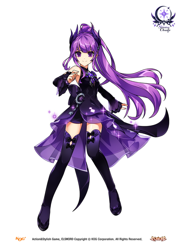 1girl aisha_landar back_bow bare_shoulders black_boots black_bow black_bowtie black_dress black_shorts black_sleeves blunt_bangs boots bow bowtie brooch closed_mouth collared_dress company_name copyright_name copyright_notice crescent detached_sleeves dress elsword feather_hair_ornament feathers footwear_bow frilled_dress frilled_sleeves frills full_body game_cg gradient_boots gradient_clothes gradient_dress gradient_sleeves hair_ornament high_ponytail hwansang jewelry logo long_hair looking_at_viewer magical_girl official_alternate_costume official_art ponytail purple_boots purple_brooch purple_dress purple_eyes purple_hair purple_sleeves second-party_source shorts shorts_under_dress side_slit sidelocks sleeveless sleeveless_dress sleeves_past_wrists smile solo sparkle standing star_(symbol) star_brooch striped_bow striped_bowtie striped_clothes tareme thigh_boots transparent_background very_long_hair