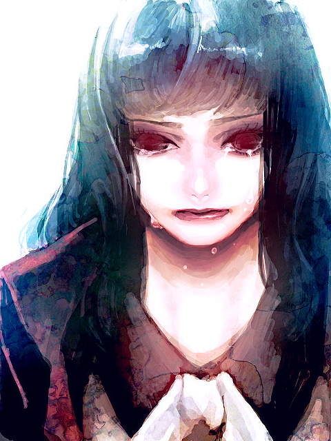 1girl akizuki_hakuto ascot bad_id bad_pixiv_id blue_hair blunt_bangs close-up closed_mouth collared_coat collared_shirt crying ein_(one_piece) long_hair looking_at_viewer one_piece one_piece_film:_z red_eyes shirt simple_background solo tears upper_body white_background