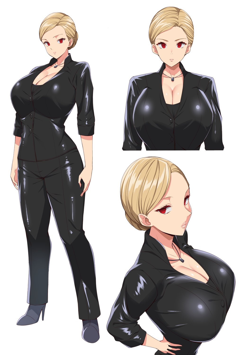 1girl black_footwear black_jacket black_pants blonde_hair breasts cleavage collarbone commission full_body highres huge_breasts jacket jewelry kloah looking_at_viewer multiple_views necklace open_clothes open_jacket pants red_eyes short_hair simple_background skeb_commission standing t-x terminator_(series) terminator_3:_rise_of_the_machines white_background