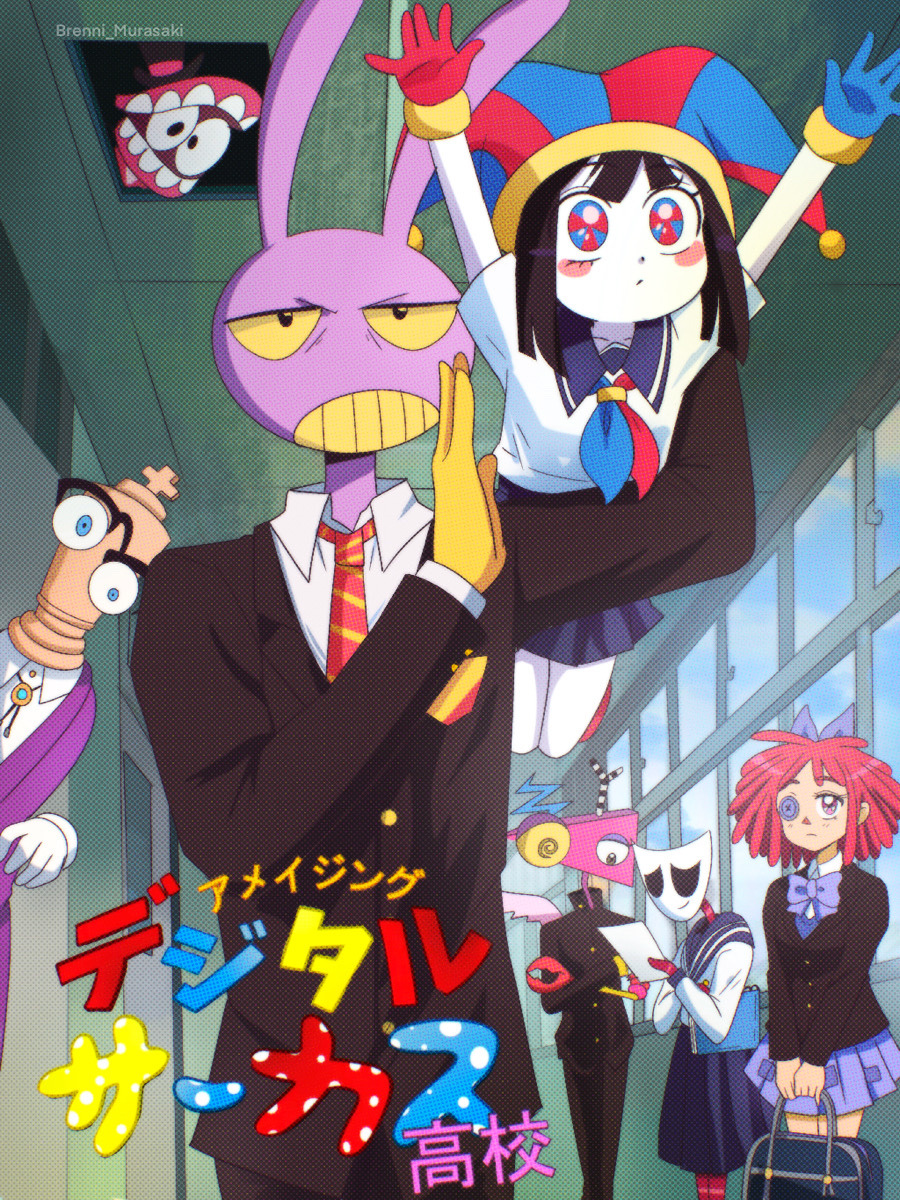 1other 3boys 3girls aharen-san_wa_hakarenai asymmetrical_gloves blue_eyes brenni_murasaki caine_(the_amazing_digital_circus) gangle_(the_amazing_digital_circus) gloves hat highres jax_(the_amazing_digital_circus) jester jester_cap kinger_(the_amazing_digital_circus) multicolored_eyes multiple_boys multiple_girls pomni_(the_amazing_digital_circus) ragatha_(the_amazing_digital_circus) red_eyes red_hair school_uniform smile the_amazing_digital_circus two-tone_eyes zooble_(the_amazing_digital_circus)
