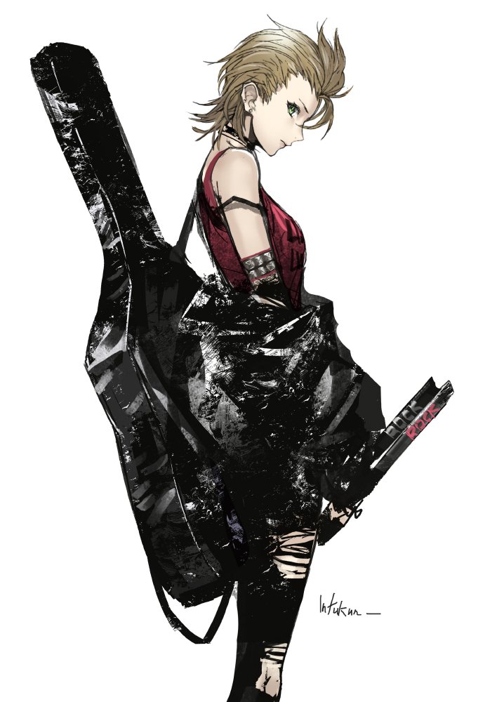 1girl arm_strap artist_name bare_shoulders black_jacket black_pants breasts brown_hair closed_mouth earrings from_side green_eyes guitar_case idolmaster idolmaster_cinderella_girls idolmaster_cinderella_girls_starlight_stage infukun instrument_case jacket jewelry kimura_natsuki looking_at_viewer medium_breasts off_shoulder pants red_shirt shirt short_hair simple_background sleeveless sleeveless_shirt solo torn_clothes torn_pants white_background
