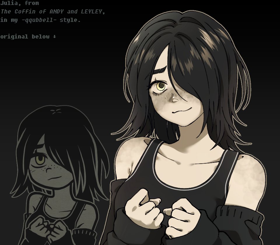 1girl bare_shoulders black_background black_hair english_text freckles jersey julia_(the_coffin_of_andy_and_leyley) light_smile looking_at_viewer one_eye_covered qqubbell the_coffin_of_andy_and_leyley yellow_eyes