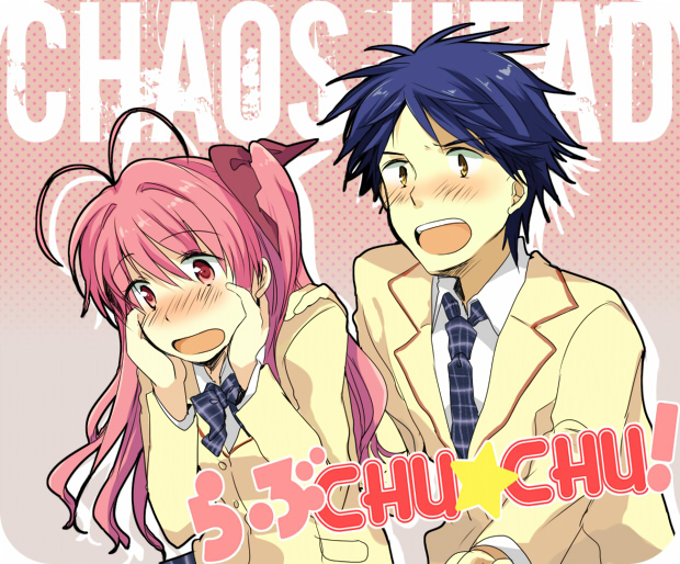 00s 1boy 1girl antenna_hair blue_hair blush brown_eyes chaos;head chaos;head_love_chu_chu! hair_ribbon hands_on_own_face long_hair nishijou_takumi one_side_up open_mouth pink_eyes pink_hair ribbon sakihata_rimi school_uniform takana_(nanao)