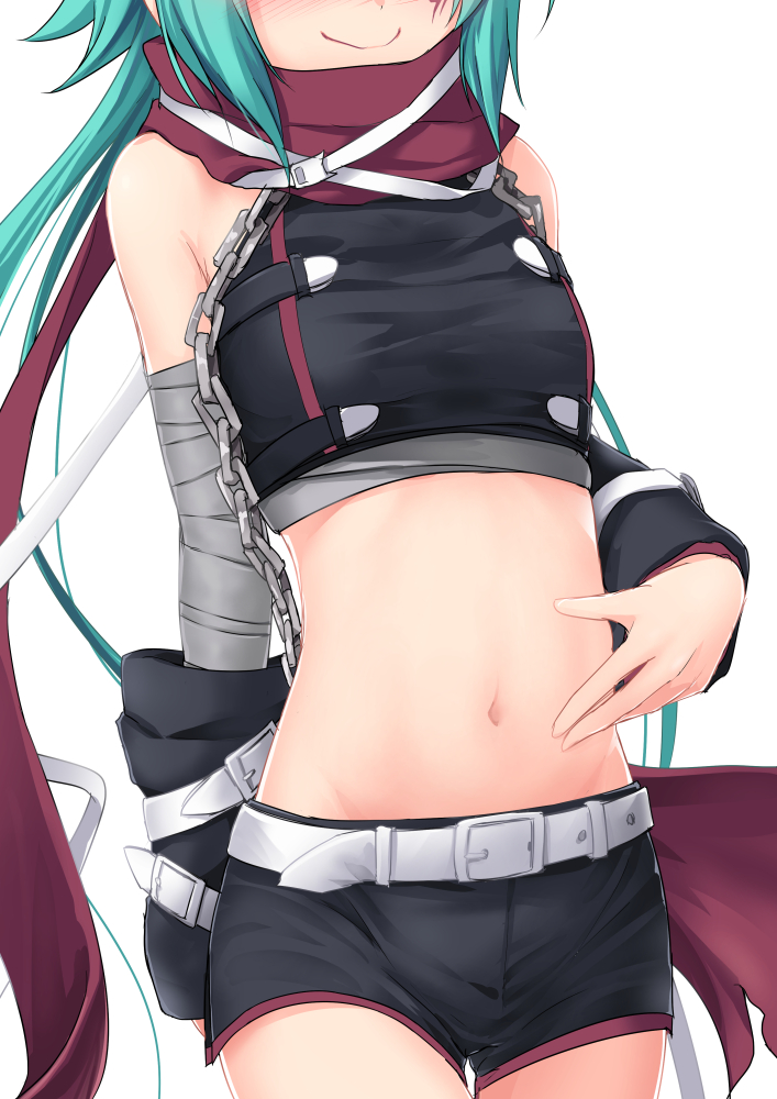 1girl anna_(princess_connect!) bare_shoulders blush breasts green_hair long_hair medium_breasts navel princess_connect! smile umarutsufuri
