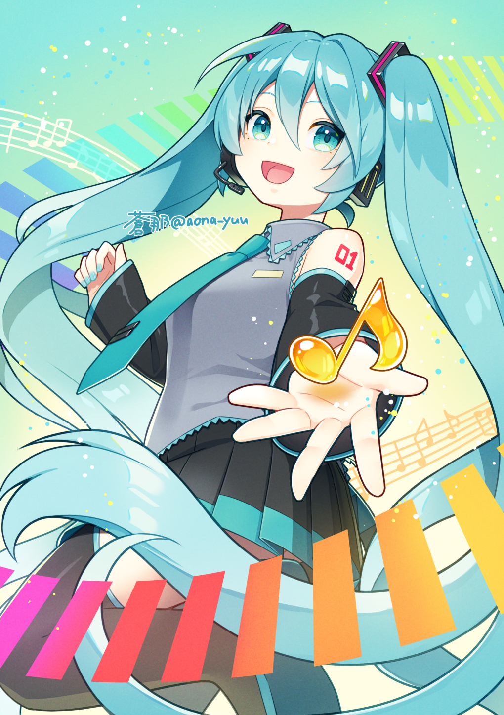 1girl :d aona_(noraneko) aqua_eyes aqua_hair aqua_nails aqua_necktie aqua_trim arm_tattoo artist_name bare_shoulders birthday black_boots boots collared_shirt commentary_request eighth_note grey_shirt hatsune_miku headphones highres leg_up long_hair long_sleeves looking_at_viewer melt_(vocaloid) microphone musical_note musical_staff necktie open_mouth pleated_skirt shirt skirt sleeveless sleeveless_shirt smile solo standing standing_on_one_leg tattoo thigh_boots tie_clip twintails twitter_username very_long_hair vocaloid