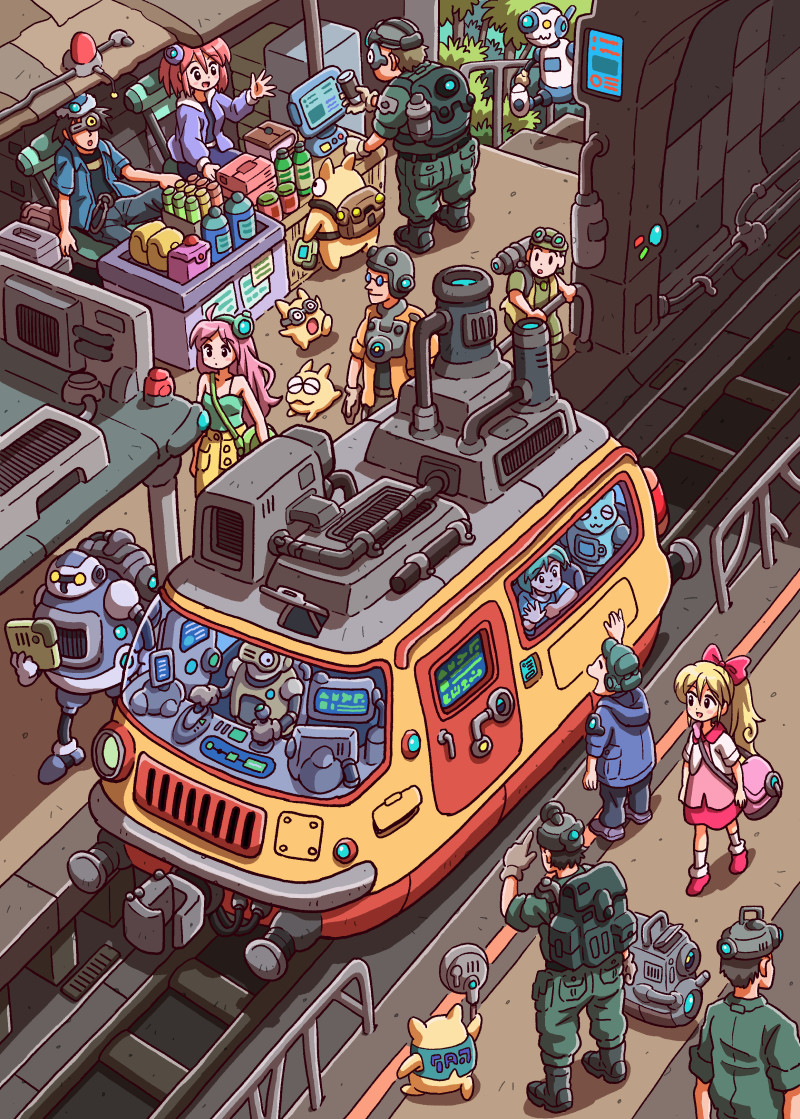 5boys 5girls against_glass backpack bag black_hair blonde_hair blue_jacket blue_pants camisole creature from_above goggles goggles_on_headwear green_camisole green_hat green_shirt hand_on_glass hat head-mounted_display helmet humanoid_robot jacket long_hair machinery multiple_boys multiple_girls nomi_yasuharu non-humanoid_robot open_clothes open_shirt original pants pink_hair pink_shoes pink_skirt ponytail railroad_tracks robot science_fiction shirt shoes shoulder_bag skirt stairs streetcar walking waving