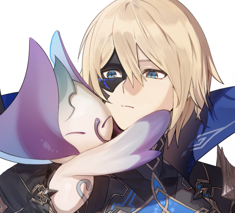 1boy 1other black_cape black_jacket black_mask blonde_hair blue_eyes cape closed_mouth collared_cape commentary_request dainsleif_(genshin_impact) expressionless genshin_impact gold_trim hair_between_eyes half_mask hug jacket looking_at_another male_focus mask mask_over_one_eye moemoenomori popped_collar short_hair simple_background upper_body white_background zurvan_(genshin_impact)