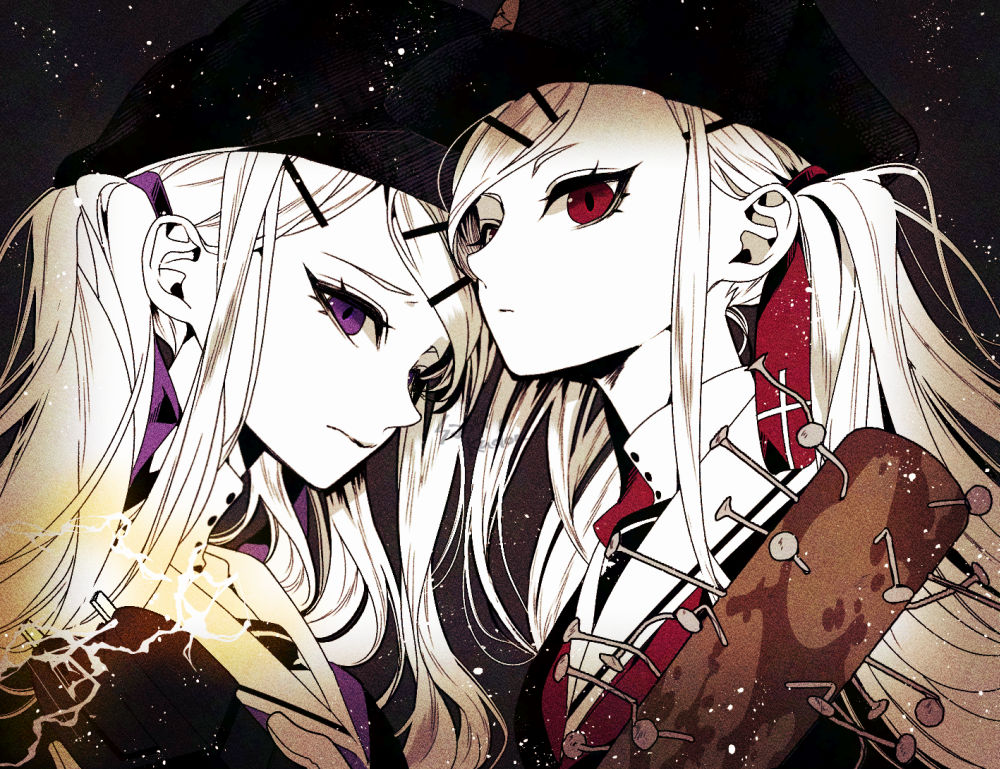 2girls baseball_bat expressionless furrowed_brow gakuseibou geminism hair_ornament hair_ribbon hairclip hat hirosoma_kikyou hirosoma_shinku long_hair looking_at_viewer multiple_girls nail nail_(hardware) nail_bat portrait purple_eyes purple_ribbon red_eyes red_ribbon ribbon saori_kudou siblings sisters spot_color twins