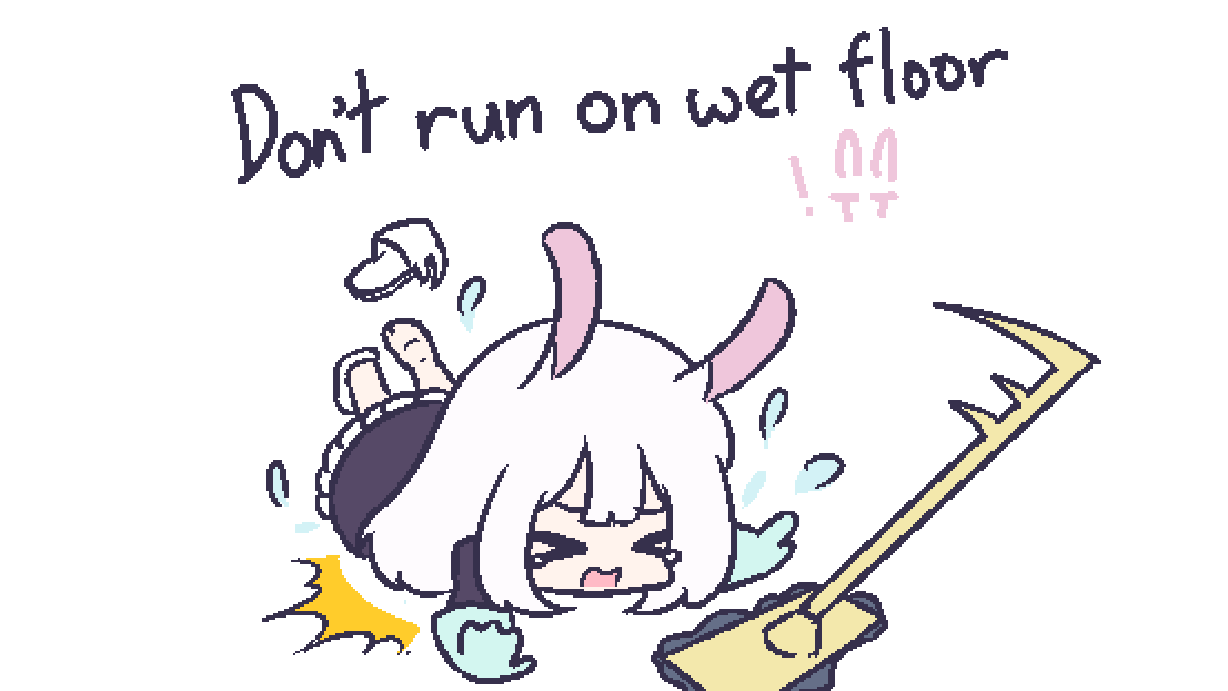 ! &gt;_&lt; 1girl animal_ears black_dress chibi chibikki closed_eyes commentary d: double-parted_hair dress english_commentary english_text fallen_down flying_teardrops gloves long_hair lying moon_rabbit mop motion_lines on_stomach open_mouth original rabbit_ears rabbit_girl rubber_gloves simple_background slippers solo t_t tears white_background white_hair