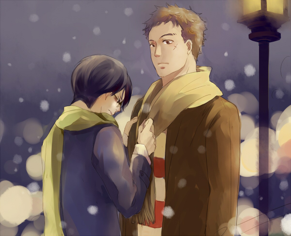 black_hair blonde_hair blurry bokeh clothes_grab cross_scar depth_of_field facial_scar glasses height_difference implied_yaoi kalalaka kawabuchi_sentarou lamppost looking_at_another neckwear_grab night nishimi_kaoru outdoors sakamichi_no_apollon scar scar_on_cheek scar_on_face scarf scarf_grab shirt short_hair shy snow snowing striped_clothes striped_shirt upper_body winter winter_clothes