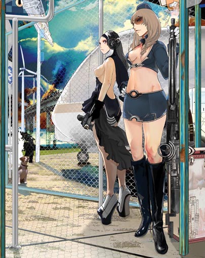2girls boots breasts dog gloves gun maeda_hirotaka midriff miniskirt multiple_girls original platform_footwear sideboob skirt weapon