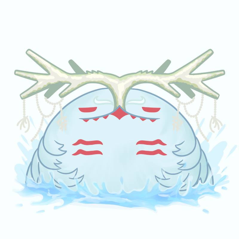 1other antlers blue_fur cernunnos_(fate) chibi fate/grand_order fate_(series) fluffy horn_ornament horns looking_at_viewer maskalter333 no_humans oceanunnos_(fate) red_eyes simple_background solo upper_body water white_background