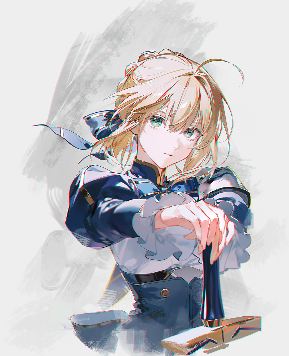 1girl ahoge artoria_pendragon_(fate) blonde_hair blue_dress blue_ribbon bun_with_braided_base closed_mouth curtained_hair dress excalibur_(fate/stay_night) fate_(series) frilled_sleeves frills frown green_eyes grey_background hair_between_eyes hair_intakes hair_ribbon hands_on_hilt high-waist_dress highres juliet_sleeves long_hair long_sleeves looking_at_viewer o0oherb puffy_sleeves ribbon saber_(fate) saber_(honkai:_star_rail)_(fate) simple_background solo upper_body