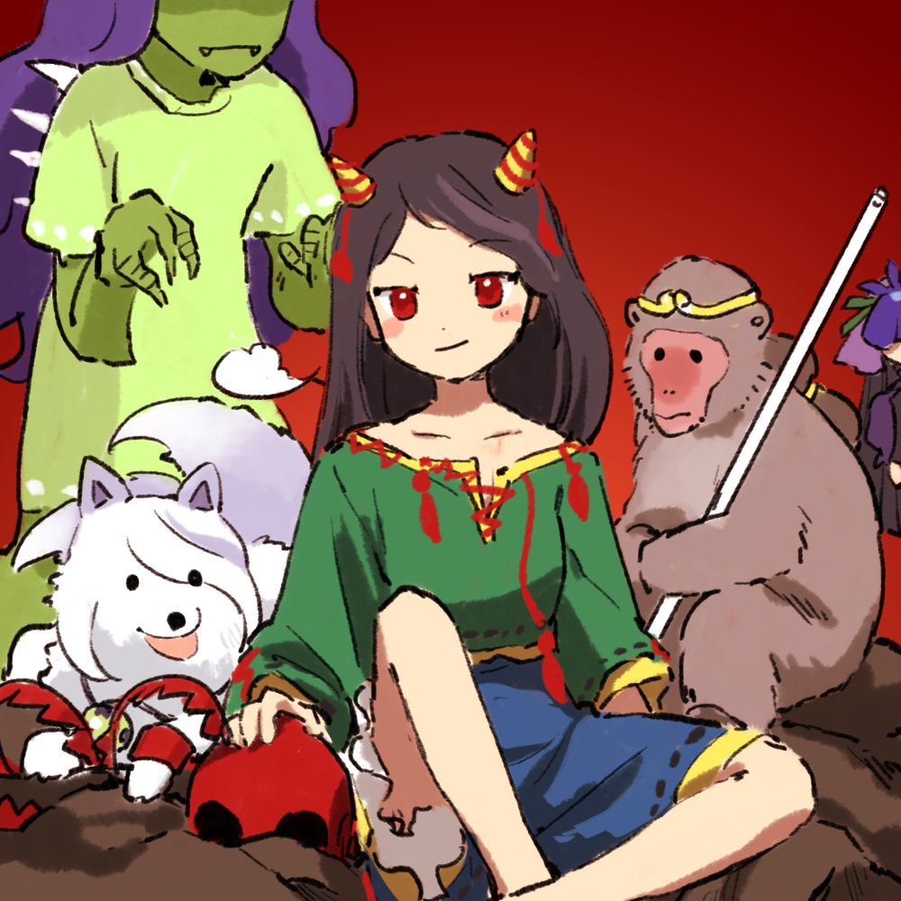 3girls animalization bare_legs black_hair blue_shorts blush_stickers chupacabra closed_mouth collarbone dog dot_nose dress fangs fangs_out flower_hat frilled_shorts frills green_dress green_shirt hair_ornament hat hat_over_eyes high-waist_shorts horn_ornament horn_ribbon horns kaigen_1025 knees_up long_dress long_hair long_sleeves mitsugashira_enoko monkey multiple_girls nippaku_zanmu off-shoulder_shirt off_shoulder puffy_short_sleeves puffy_sleeves purple_dress purple_hair purple_hat red_background red_eyes red_ribbon ribbon ribbon-trimmed_dress ribbon-trimmed_shirt ribbon-trimmed_shorts ribbon-trimmed_sleeves ribbon_trim shirt short_sleeves shorts sidelocks simple_background small_horns smirk smug solo_focus son_biten spikes straight_hair tassel tassel_hair_ornament tenkajin_chiyari three-quarter_sleeves touhou traditional_youkai unfinished_dream_of_all_living_ghost wolf yellow_horns yomotsu_hisami