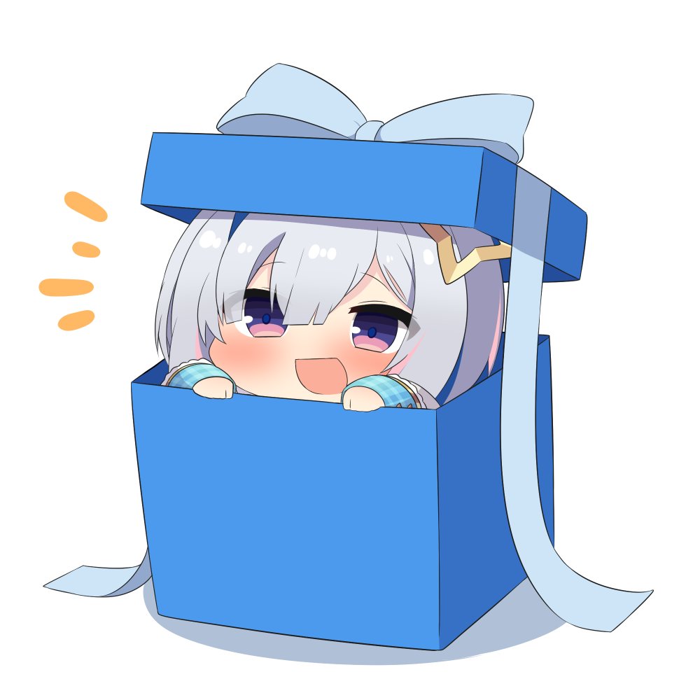 1girl :d amane_kanata blunt_bangs box chibi commentary gift gift_box grey_hair hair_ornament hands_up hololive in_box in_container long_sleeves looking_at_viewer multicolored_hair no_nose open_mouth peeking_out plaid purple_eyes smile solo streaked_hair twumi virtual_youtuber