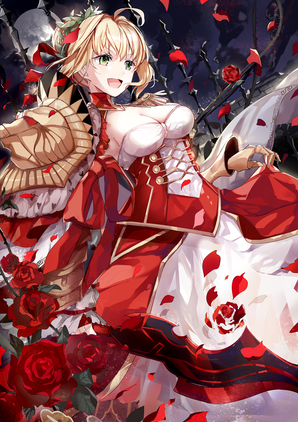 10s 1girl :d aestus_estus ahoge armor blonde_hair blush breasts cleavage cleavage_cutout clothing_cutout dress dutch_angle epaulettes fate/extra fate_(series) female_focus fence flower from_below full_moon gauntlets green_eyes hair_bun hair_ribbon head_wreath heart heart_print highres holding holding_sword holding_weapon mamenomoto medium_breasts moon nero_claudius_(fate) nero_claudius_(fate/extra) night night_sky open_mouth petals red_dress red_flower red_ribbon red_rose ribbon rose rose_petals short_hair shoulder_armor sidelocks single_hair_bun skirt_hold sky smile solo standing sword v-shaped_eyebrows weapon wind