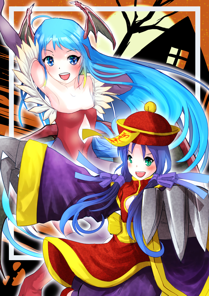 2girls alternate_costume axley bat_wings blue_eyes blue_hair claws cosplay darkstalkers green_eyes halloween hsien-ko_(cosplay) kantai_collection hsien-ko leotard lilith_(darkstalkers) lilith_(darkstalkers)_(cosplay) multiple_girls pantyhose red_leotard samidare_(kancolle) suzukaze_(kancolle) wings