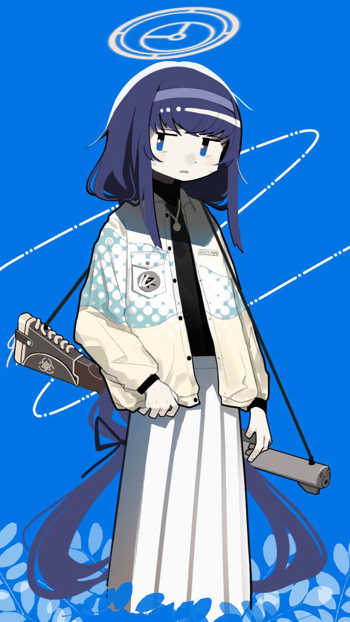 1girl alternate_costume bags_under_eyes black_shirt blue_archive blue_background blue_hair bolt-action_rifle bolt_action carbine ccg de_lisle_carbine gun hairband halo highres integral_suppressor integrally-suppressed_firearm jewelry long_hair long_skirt necklace open_mouth pistol-caliber_carbine rifle shirt skirt suppressor sweater ui_(blue_archive) very_long_hair weapon white_skirt
