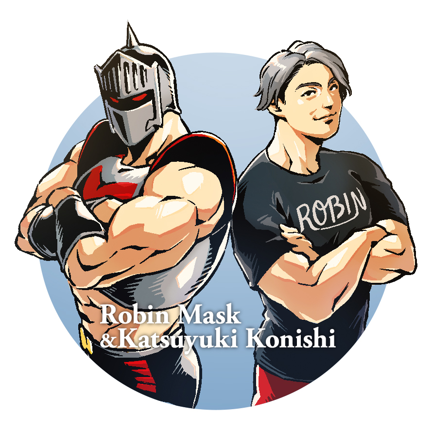 2boys abs black_shirt grey_hair kinnikuman konishi_katsuyuki kusochihuahua looking_at_viewer male_focus mask multiple_boys muscular muscular_male pants red_eyes red_pants robin_mask shirt short_hair short_sleeves voice_actor wrestling_outfit