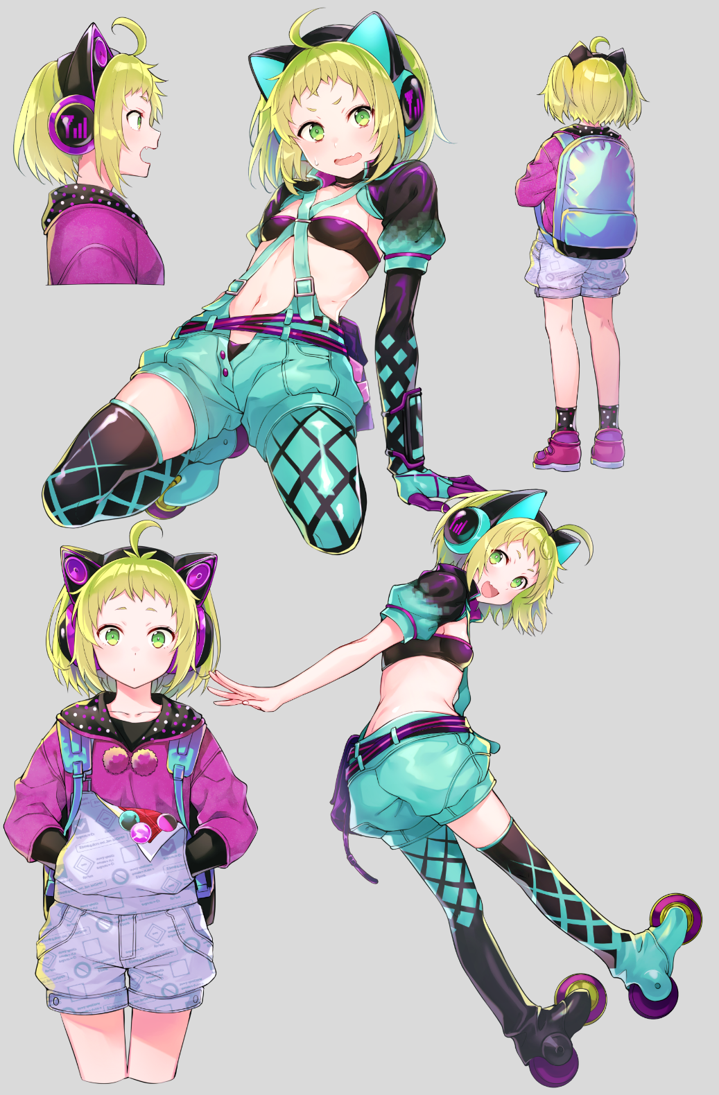 1girl ahoge animal_ear_headphones animal_ears antenna_(dohna_dohna) arm_support asymmetrical_legwear backpack badge bag bandeau blush breasts button_badge cat_ear_headphones closed_mouth commentary_request criss-cross_suspenders cropped_torso dohna_dohna_issho_ni_warui_koto_o_shiyou dot_mouth e_(eokiba) elbow_gloves fake_animal_ears fang from_behind gloves green_eyes green_hair grey_background hands_in_pockets headphones highres hood hoodie kneeling looking_at_viewer multiple_views open_fly open_mouth polka_dot polka_dot_legwear pom_pom_(clothes) profile puffy_shorts roller_skates shoes short_eyebrows shorts shrug_(clothing) simple_background skates small_breasts smile sneakers socks suspender_shorts suspenders sweatdrop thighhighs wavy_mouth