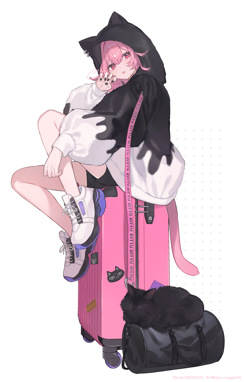 1girl :p animal_ear_hood animal_ears bag black_hoodie black_shorts cat_ears cat_girl cat_tail claw_pose duffel_bag fake_animal_ears full_body highres hood hood_up hoodie long_sleeves looking_at_viewer on_suitcase original pink_eyes pink_hair puffy_long_sleeves puffy_sleeves rolling_suitcase shoes short_hair short_shorts shorts shugao sitting sitting_on_object sneakers suitcase tail tongue tongue_out two-tone_hoodie white_footwear white_hoodie
