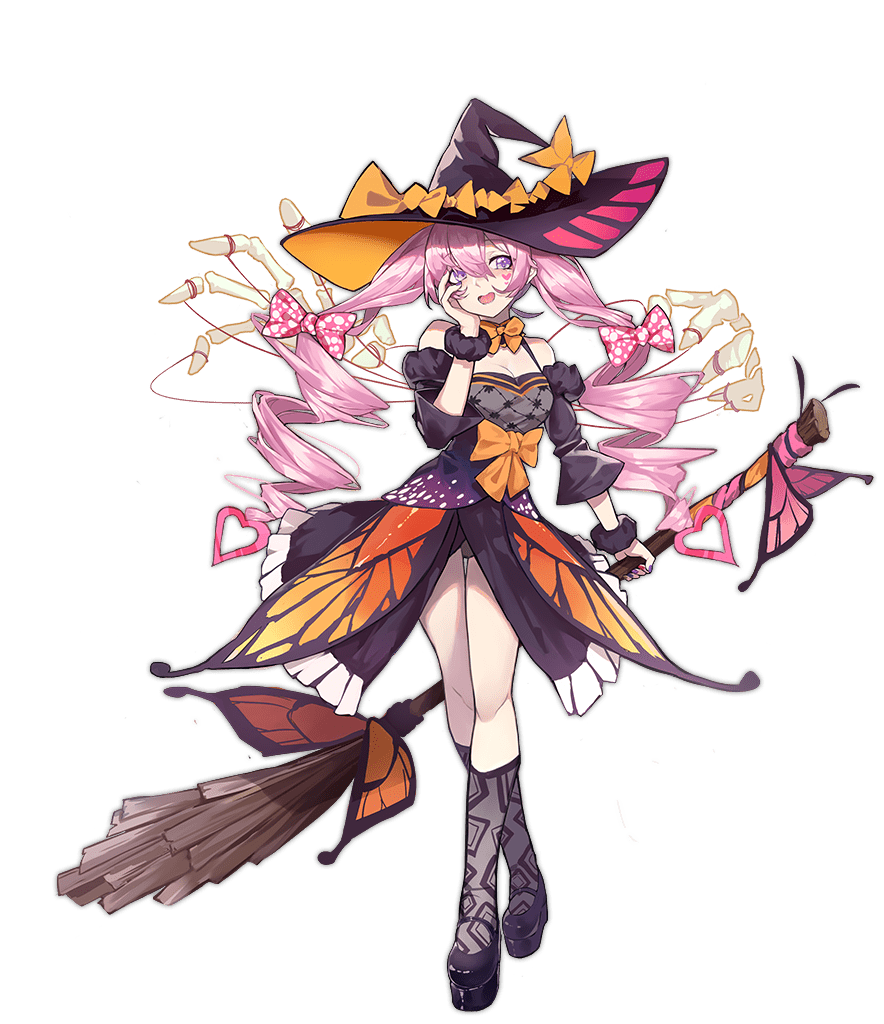 1girl :d animal_print ark_order black_dress black_shoes black_socks bow bowtie breasts broom butterfly_print detached_sleeves dress drill_hair facial_tattoo full_body hand_on_own_face hat hat_bow heart heart_tattoo holding holding_broom juliet_sleeves kzhu lich_(ark_order) long_hair long_sleeves mary_janes medium_breasts multicolored_nails nail_polish official_art open_mouth pink_hair platform_shoes puffy_sleeves purple_eyes purple_nails shoes sidelocks skeletal_hand smile socks solo tachi-e tattoo transparent_background twin_drills very_long_hair walking wide_sleeves witch_hat wrist_cuffs yellow_bow yellow_bowtie