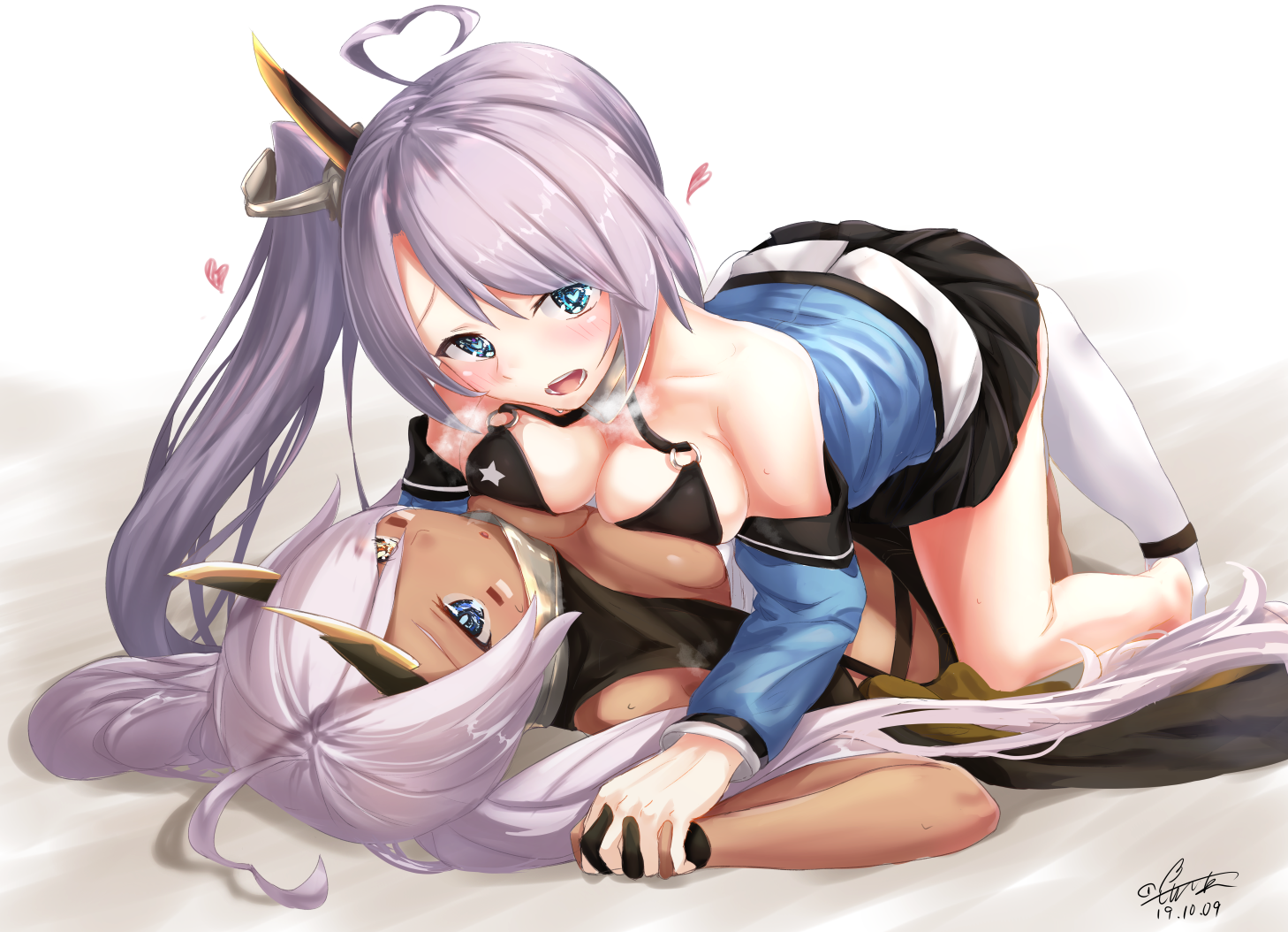 2girls ahoge azur_lane bandeau bikini bikini_top_only black_bikini black_sailor_collar black_skirt blue_eyes blue_shirt blush breast_press breasts breath cleavage commentary_request dark-skinned_female dark_skin facepaint full_body heart heart-shaped_pupils heart_ahoge heterochromia horns incest indianapolis_(azur_lane) large_breasts long_hair looking_at_viewer mechanical_horns medium_breasts miniskirt multiple_girls off_shoulder open_mouth pleated_skirt portland_(azur_lane) purple_hair sailor_collar sebire shirt siblings side_ponytail sisters skirt smile swimsuit symbol-shaped_pupils symmetrical_docking thighhighs turtleneck twintails very_long_hair white_bandeau white_thighhighs yellow_eyes yuri