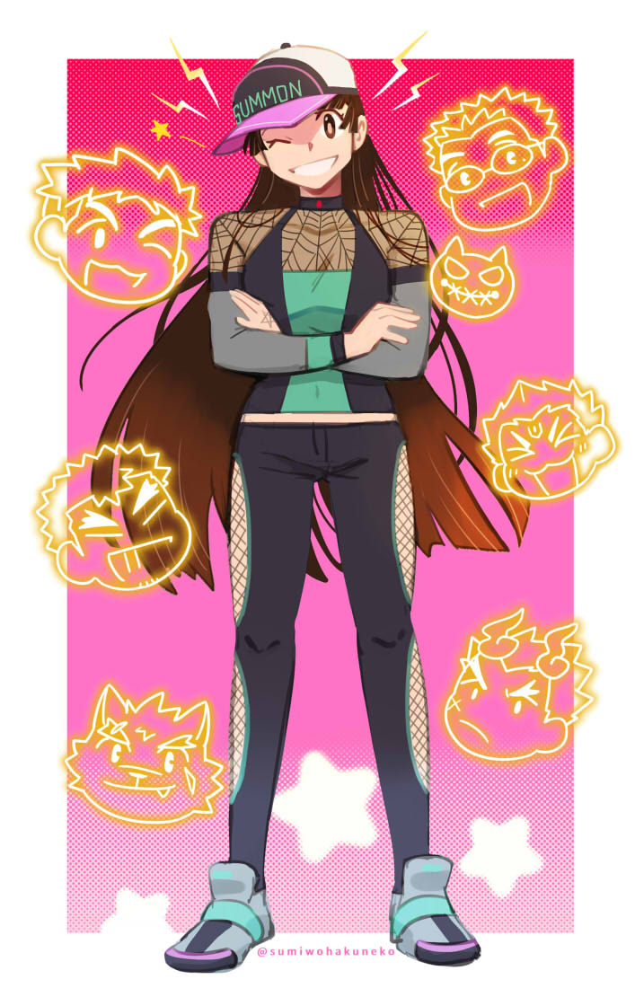 1girl baseball_cap border brown_eyes clothing_cutout covered_navel crossed_arms detached_sleeves devil_(housamo) fishnet_cutout fishnets full_body gradient_background grey_footwear grin hanuman_(housamo) hat long_hair midriff_peek moritaka_(housamo) motoori_shiro one_eye_closed protagonist_2_(housamo) sakimori_toji smile standing sumi_wo_hakuneko takabushi_kengo thigh_cutout tokyo_houkago_summoners twitter_username very_long_hair white_border yakushimaru_ryota