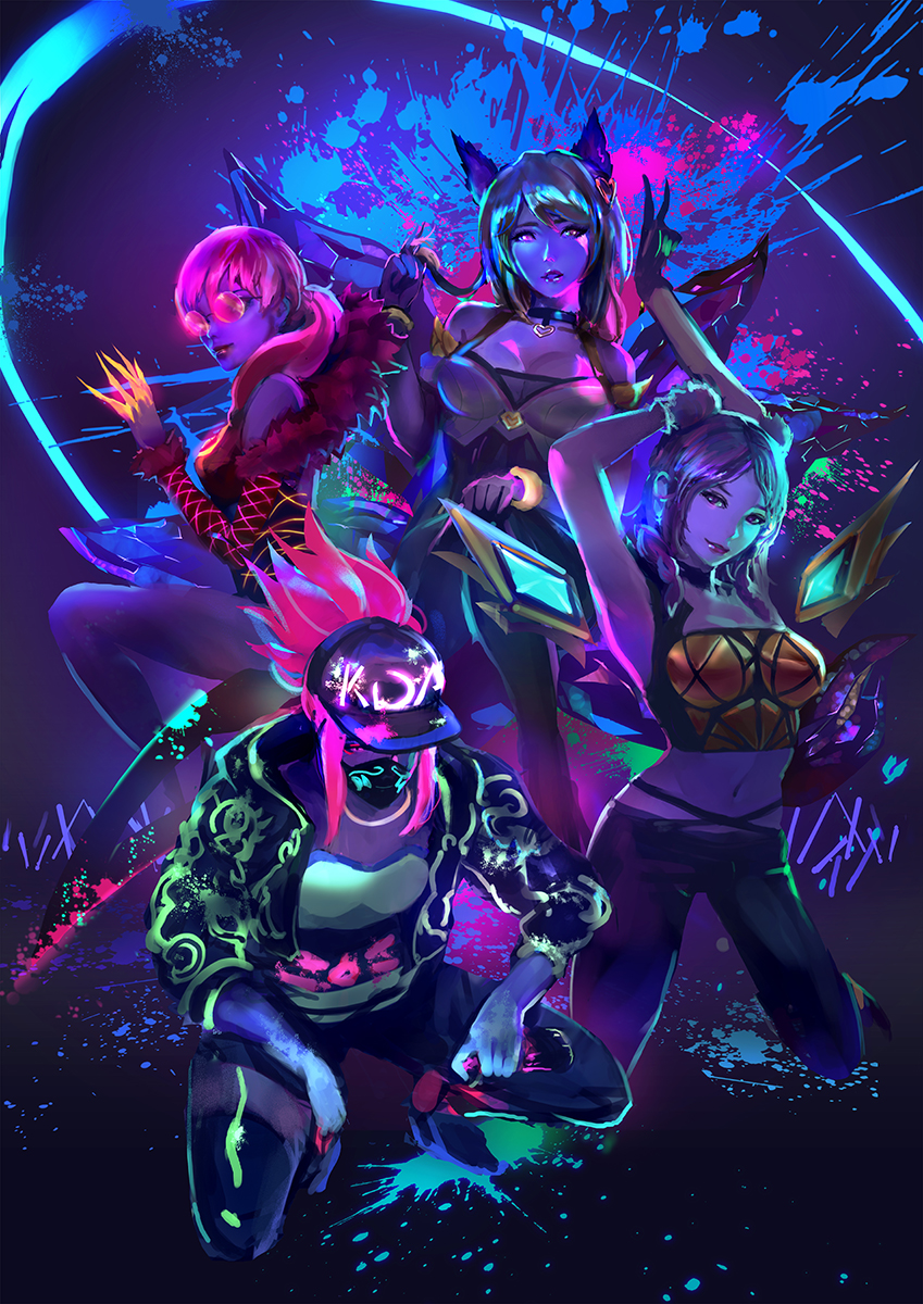 4girls ahri_(league_of_legends) akali alternate_costume alternate_hair_color animal_ears arm_up bandana bandana_over_mouth baseball_cap black_gloves blue_skin bracelet breasts cglas choker claws colored_skin evelynn_(league_of_legends) gloves glowstick hair_ornament hat heart heart_choker heart_hair_ornament highres jewelry k/da_(league_of_legends) k/da_ahri k/da_akali k/da_evelynn k/da_kai&#039;sa kai&#039;sa league_of_legends lipstick looking_at_viewer makeup medium_breasts midriff multiple_girls nail_polish navel neon official_alternate_costume orange_nails pink_hair short_hair sitting small_breasts smile splatter squatting sunglasses ultraviolet_light v wristband