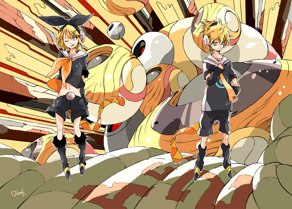 1boy 1girl abstract_background alternate_costume arm_warmers belt blonde_hair blue_eyes brother_and_sister clothes_lift clothes_writing floating food fruit fur_trim hair_ornament hair_ribbon hairclip hand_on_own_hip headphones kagamine_len kagamine_rin leg_warmers looking_at_viewer looking_away makkamu midriff navel neck_ribbon necktie one_eye_closed open_mouth ribbon sailor_collar shirt_lift short_hair short_sleeves shorts siblings signature smile square-end_necktie twins vocaloid wind yellow_theme