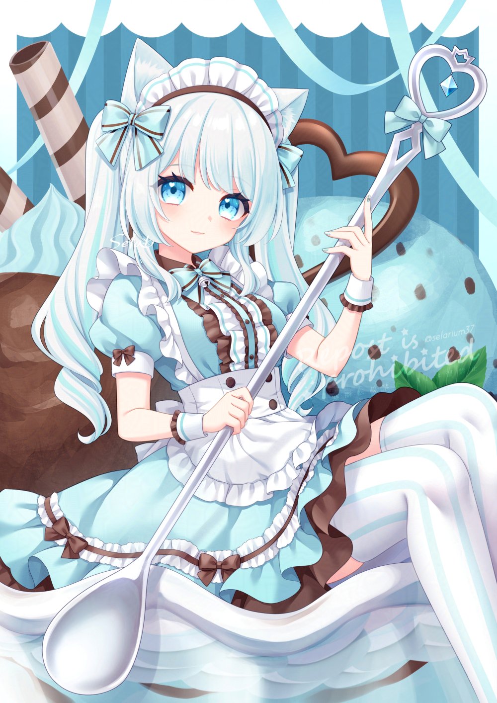 1girl animal_ears apron blue_bow blue_bowtie blue_dress blue_eyes blue_hair bow bowtie cat_ears cat_girl closed_mouth commentary_request dress fingernails frilled_apron frilled_hairband frills hair_bow hairband highres holding holding_spoon long_hair looking_at_viewer maid maid_headdress mint_chocolate multicolored_hair nail_polish original oversized_object puffy_short_sleeves puffy_sleeves short_sleeves sitting solo spoon stardrop streaked_hair striped_clothes striped_thighhighs thighhighs twitter_username vertical-striped_clothes vertical-striped_thighhighs very_long_hair waist_apron white_apron white_hair white_hairband white_thighhighs white_wrist_cuffs wrist_cuffs