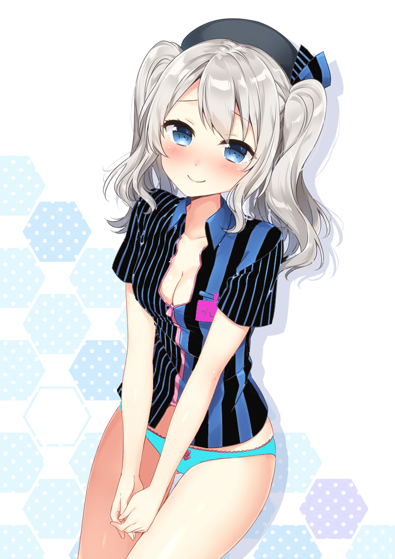 10s 1girl alternate_costume beret black_hat blue_eyes blue_panties blush bow bow_panties breasts cleavage closed_mouth cowboy_shot employee_uniform eyelashes female_focus hat honeycomb_(pattern) honeycomb_background honeycomb_pattern kantai_collection kashima_(kancolle) long_hair looking_at_viewer name_tag no_pants own_hands_together panties pink_bow self-upload short_sleeves silver_hair smile solo standing striped thigh_gap thighs third-party_edit twintails underwear v_arms vertical_stripes wavy_hair wing_collar zipper
