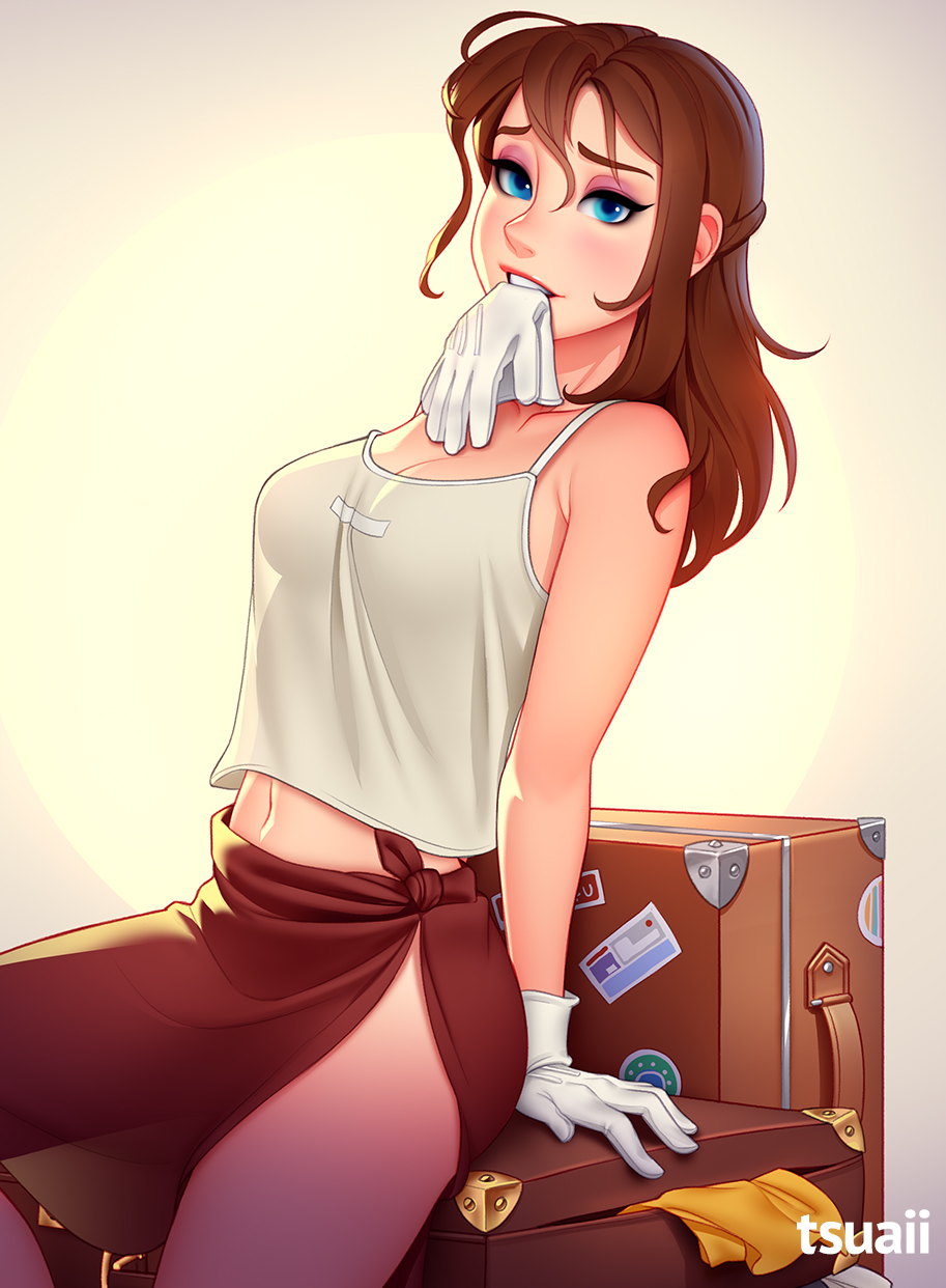 1girl arm_support armpit_crease artist_name blue_eyes blush breasts brown_hair camisole collarbone disney eyeshadow glove_in_mouth gloves hair_between_eyes highres jane_porter leaning_back long_hair looking_at_viewer makeup medium_breasts midriff_peek mouth_hold navel red_skirt see-through_silhouette side-tie_skirt side_slit simple_background sitting skirt solo suitcase tarzan tsuaii unworn_gloves white_camisole white_gloves