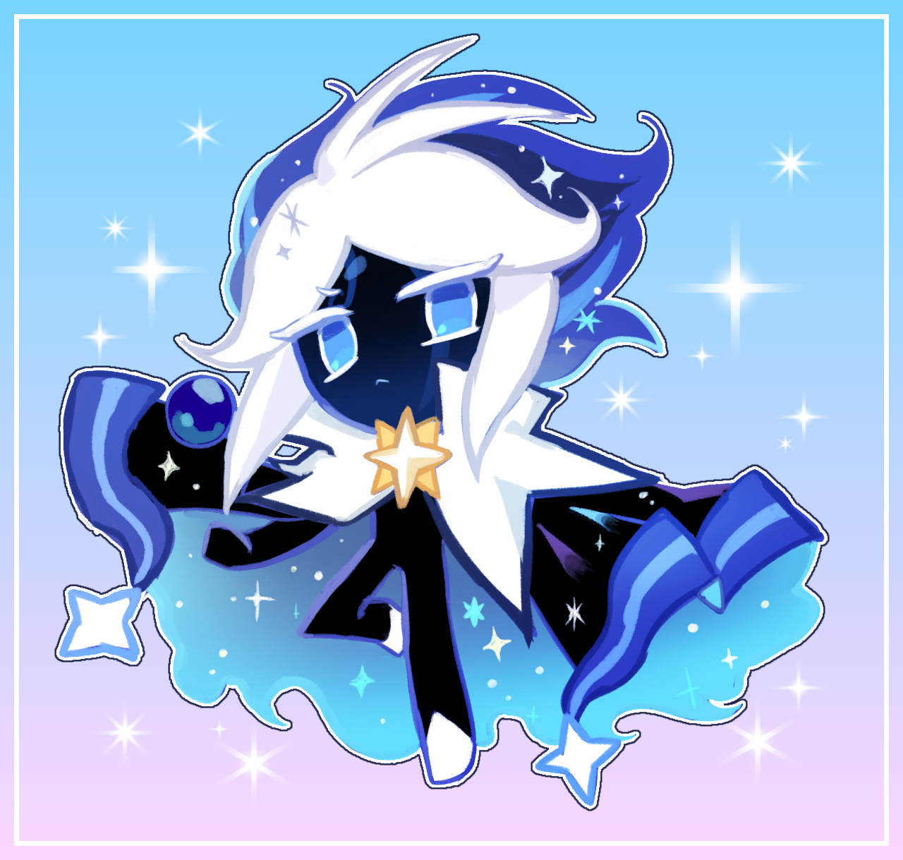 1boy arm_up black_cape black_skin blue_cape blue_eyes blue_hair blue_ribbon blue_tattoo blue_trim cape closed_mouth collar colored_eyelashes colored_skin comet commentary cookie_run cookie_run:_kingdom dark_blue_hair dbrs facial_mark facial_tattoo floating_cape floating_hair frown full_body gold highres in_air looking_at_viewer male_focus marking_on_forehead midair multicolored_hair one_leg_raised orb ribbon shoes short_hair simple_background solo sparkle sparkle_background sparkle_print star_(symbol) star_ornament stardust_cookie swirl tagme tattoo translucent_hair white_collar white_eyelashes white_hair white_shoes