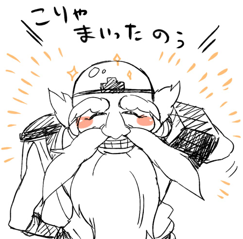 1boy arm_behind_head bald beard blush_stickers closed_eyes dyntos facial_hair kid_icarus kid_icarus_uprising lowres male_focus mustache nintendo old old_man sketch sparkle spot_color teeth translation_request yukigi