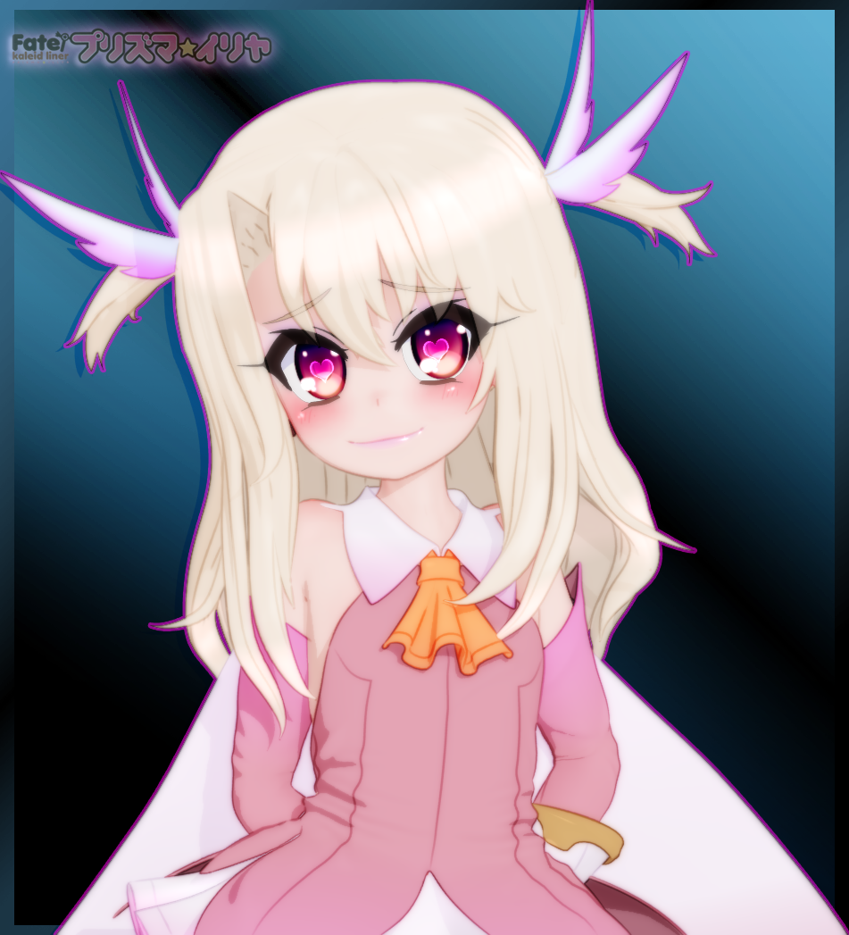 1girl 3d bare_shoulders blonde_hair blush cape dress fate/kaleid_liner_prisma_illya fate_(series) female_focus gloves gs-mantis hair_ornament hair_scrunchie heart heart-shaped_pupils illyasviel_von_einzbern light_smile lipstick long_hair looking_at_viewer magical_girl makeup necktie orange_tie pink_dress pink_gloves pink_outfit red_eyes scrunchie solo standing symbol-shaped_pupils text_focus white_hair wide-eyed