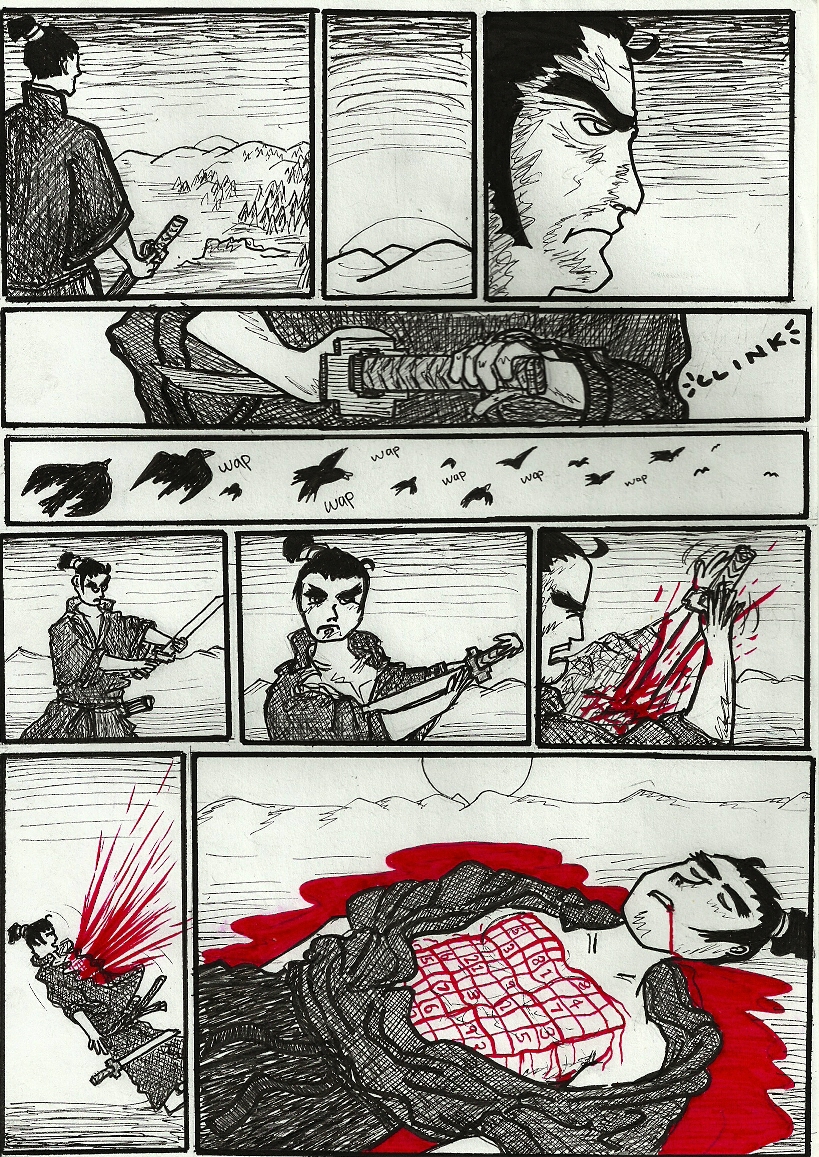 1boy bird blood blood_from_mouth comic commentary crosshatching dosedosedose english_commentary frown greyscale hakama hatching_(texture) holding holding_sheath holding_sword holding_weapon japanese_clothes katana male_focus monochrome mountain original pool_of_blood pun ronin seppuku sheath silent_comic solo spot_color sudoku suicide sun sword unsheathing weapon