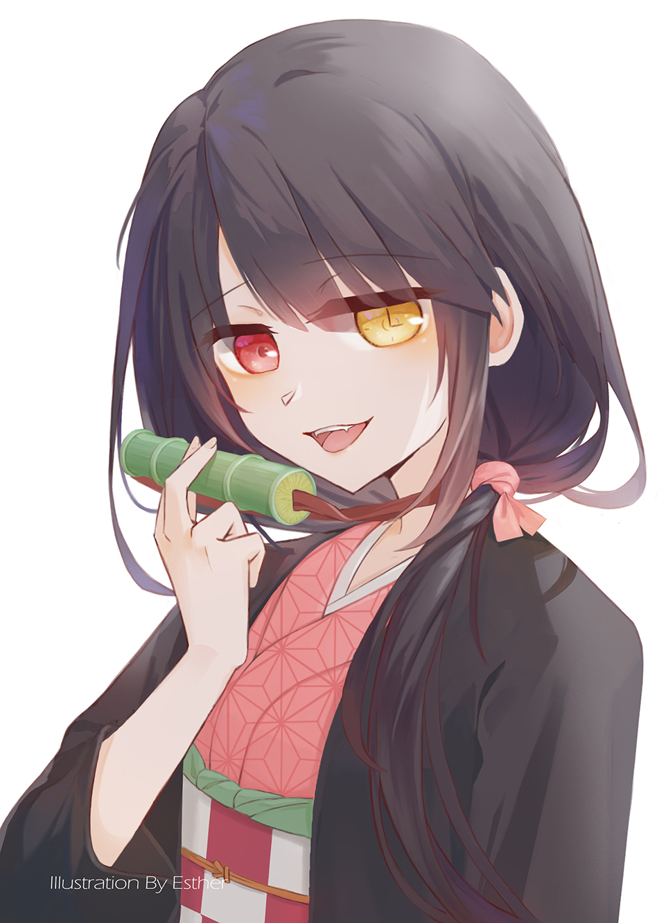 1girl bamboo bit_gag black_hair blush breasts checkered_haori checkered_sash cosplay date_a_live esther_0418 fangs gag haori heterochromia highres japanese_clothes kamado_nezuko kamado_nezuko_(cosplay) kimetsu_no_yaiba kimono long_hair long_sleeves looking_at_viewer medium_breasts open_mouth photoshop_(medium) pink_kimono pink_ribbon red_eyes ribbon sash smile solo symbol-shaped_pupils tokisaki_kurumi twintails yellow_eyes