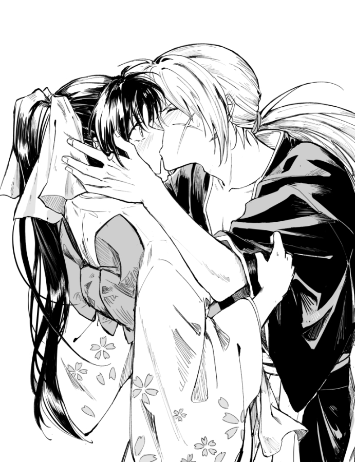 1boy 1girl blush closed_eyes collarbone couple cowboy_shot cross_scar facial_scar floral_print floral_print_kimono geolu greyscale hair_ribbon hakama hakama_pants hand_on_another&#039;s_head hetero high_ponytail himura_kenshin japanese_clothes kamiya_kaoru kimono kiss looking_at_another low_ponytail monochrome pants ponytail print_kimono ribbon rurouni_kenshin sash scar scar_on_cheek scar_on_face white_background wide_sleeves