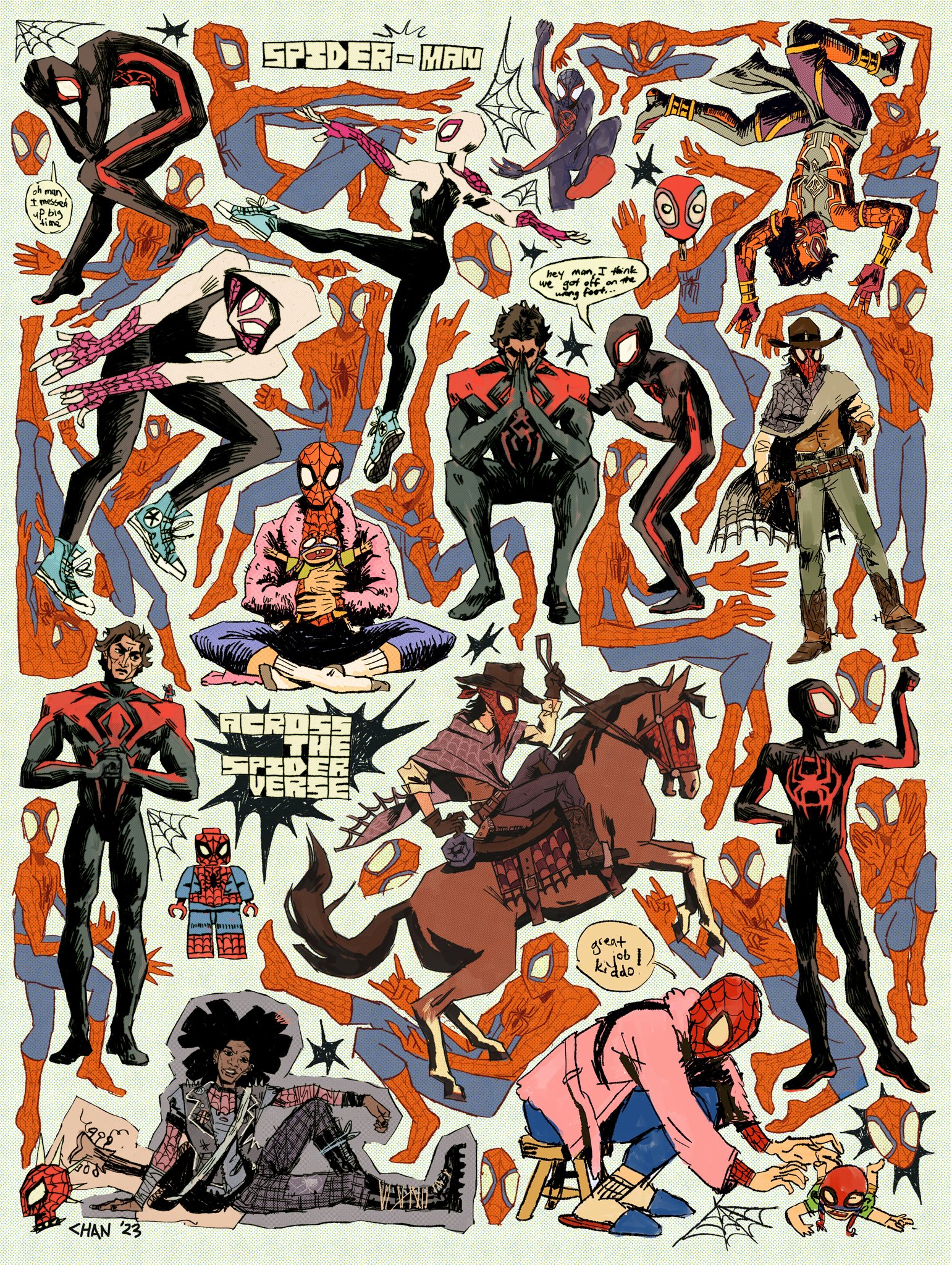 animal_print bodysuit boots chan_(flesh.png) character_request commentary cosplay english_commentary english_text highres hood hooded_bodysuit horse lego marvel mask print_bodysuit silk slippers spider-gwen spider-man spider-man_(cosplay) spider-man_(series) spider-verse spider_print spider_web spider_web_print superhero_costume