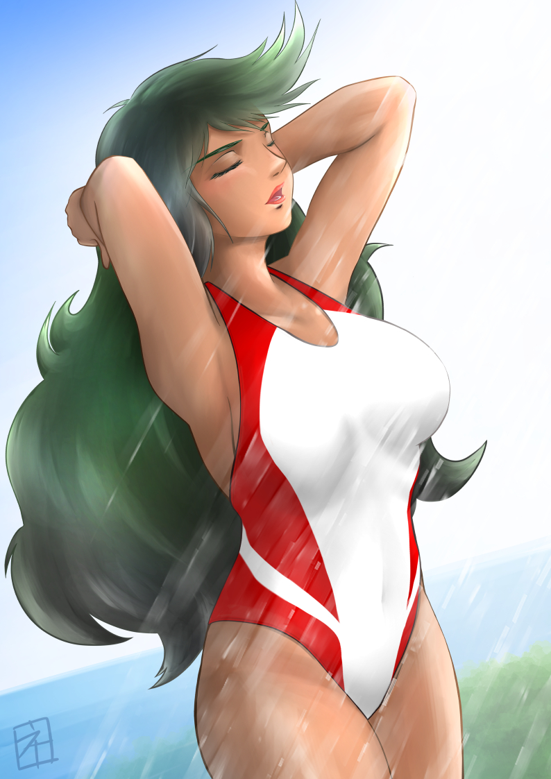 1girl armpits arms_up artist_logo breasts closed_eyes competition_swimsuit cropped_legs great_mazinger green_hair hands_in_own_hair honoo_jun large_breasts lipstick logo long_hair makeup mazinger_(series) nemuribuka one-piece_swimsuit parted_lips presenting_armpit red_lips red_one-piece_swimsuit solo standing swimsuit two-tone_one-piece_swimsuit water white_one-piece_swimsuit