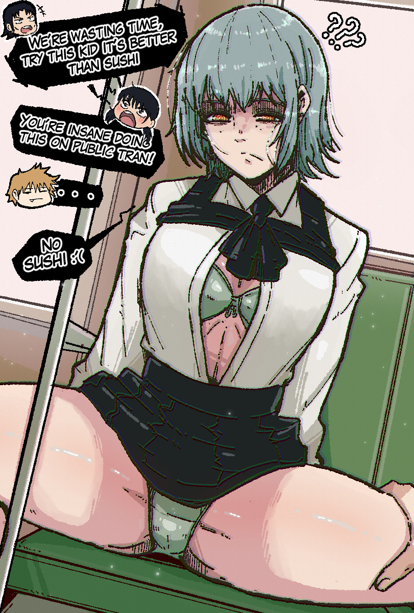 1boy 1girl ? ?? black_skirt bra breasts chainsaw_man closed_mouth collared_shirt denji_(chainsaw_man) english_text fami_(chainsaw_man) green_bra green_panties grey_hair highres katana_man_(chainsaw_man) mark_gavatino medium_breasts mitaka_asa panties ringed_eyes shirt sitting skirt speech_bubble spread_legs train_interior underwear white_shirt yellow_eyes