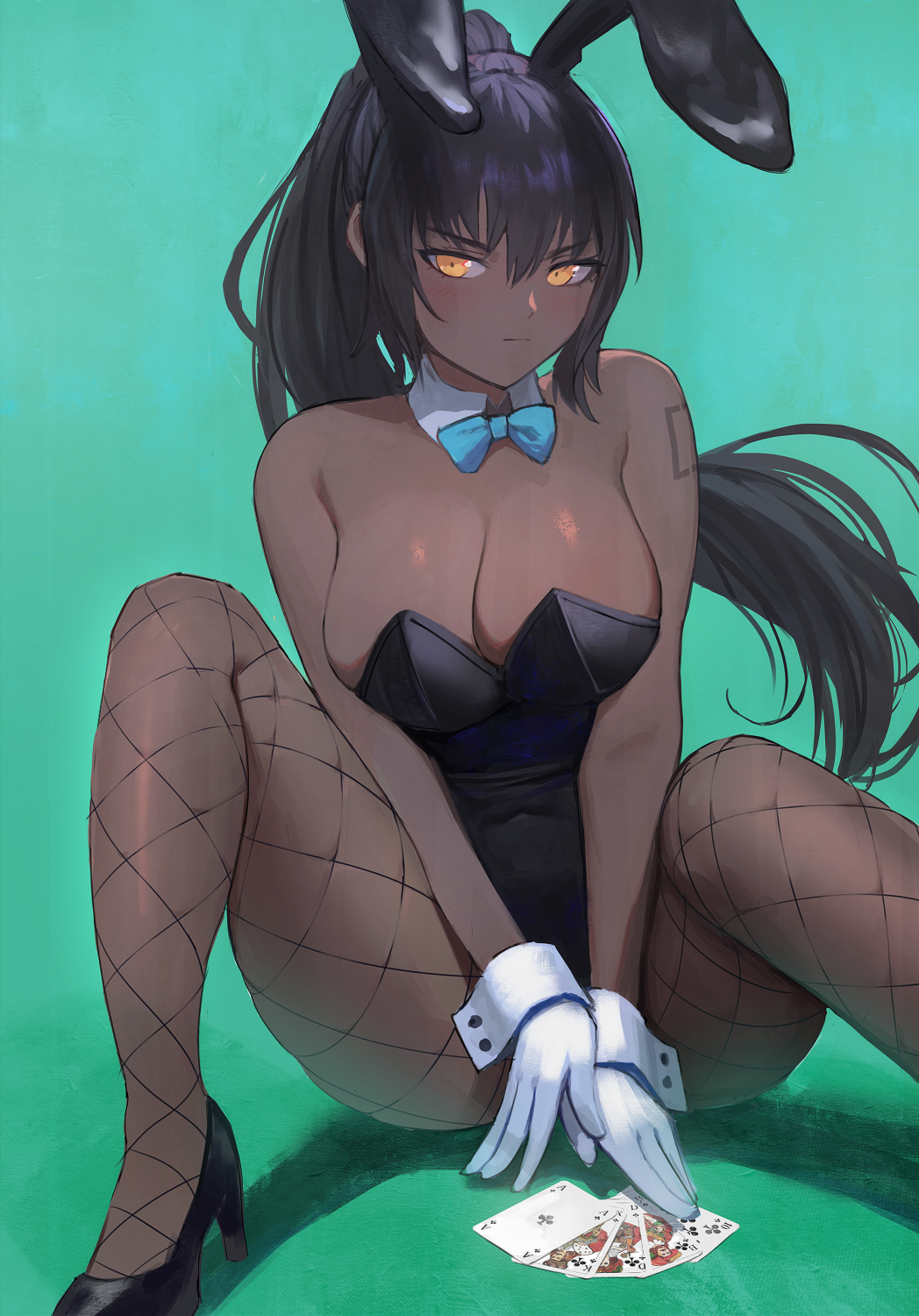 1girl ace_(playing_card) ace_of_clubs animal_ears aqua_background ass bare_shoulders between_legs black_footwear black_leotard blue_archive blue_bow blue_bowtie blush bow bowtie breasts card cleavage closed_mouth club_(shape) commentary_request dark-skinned_female dark_skin detached_collar fake_animal_ears fishnet_pantyhose fishnets gloves hand_between_legs high_heels high_ponytail highres jack_(playing_card) jack_of_clubs_(playing_card) karin_(blue_archive) karin_(bunny)_(blue_archive) king_(playing_card) king_of_clubs knees_up large_breasts leotard long_hair looking_at_viewer number_tattoo official_alternate_costume orange_eyes pantyhose playboy_bunny playing_card ponytail queen_(playing_card) queen_of_clubs rabbit_ears shoulder_tattoo simple_background sitting solo spread_legs strapless strapless_leotard tattoo traditional_bowtie v-shaped_eyebrows vertigris very_long_hair white_gloves wrist_cuffs