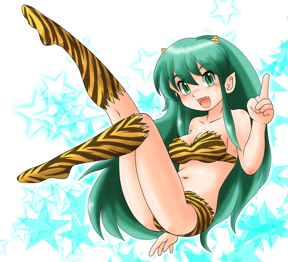 1girl animal_print bikini boots breasts collarbone cone_horns fang green_hair horns index_finger_raised knee_boots long_hair looking_at_viewer lum navel open_mouth pointy_ears print_bikini print_boots solo sonnano_ari swimsuit thighs tiger_print urusei_yatsura
